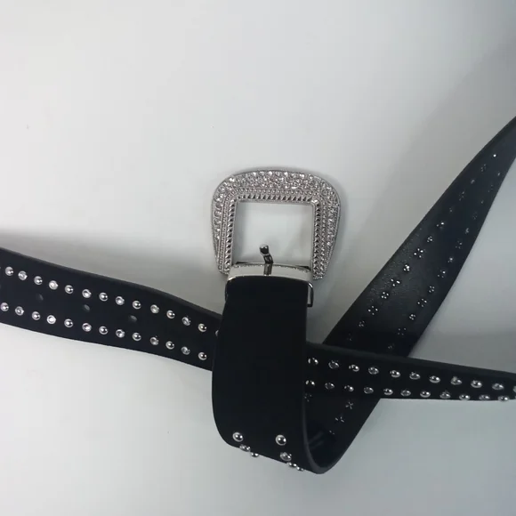 Anthropologie Rhinestone Studded Black Leather Belt Silver Accents Western NWOT - Picture 7 of 10